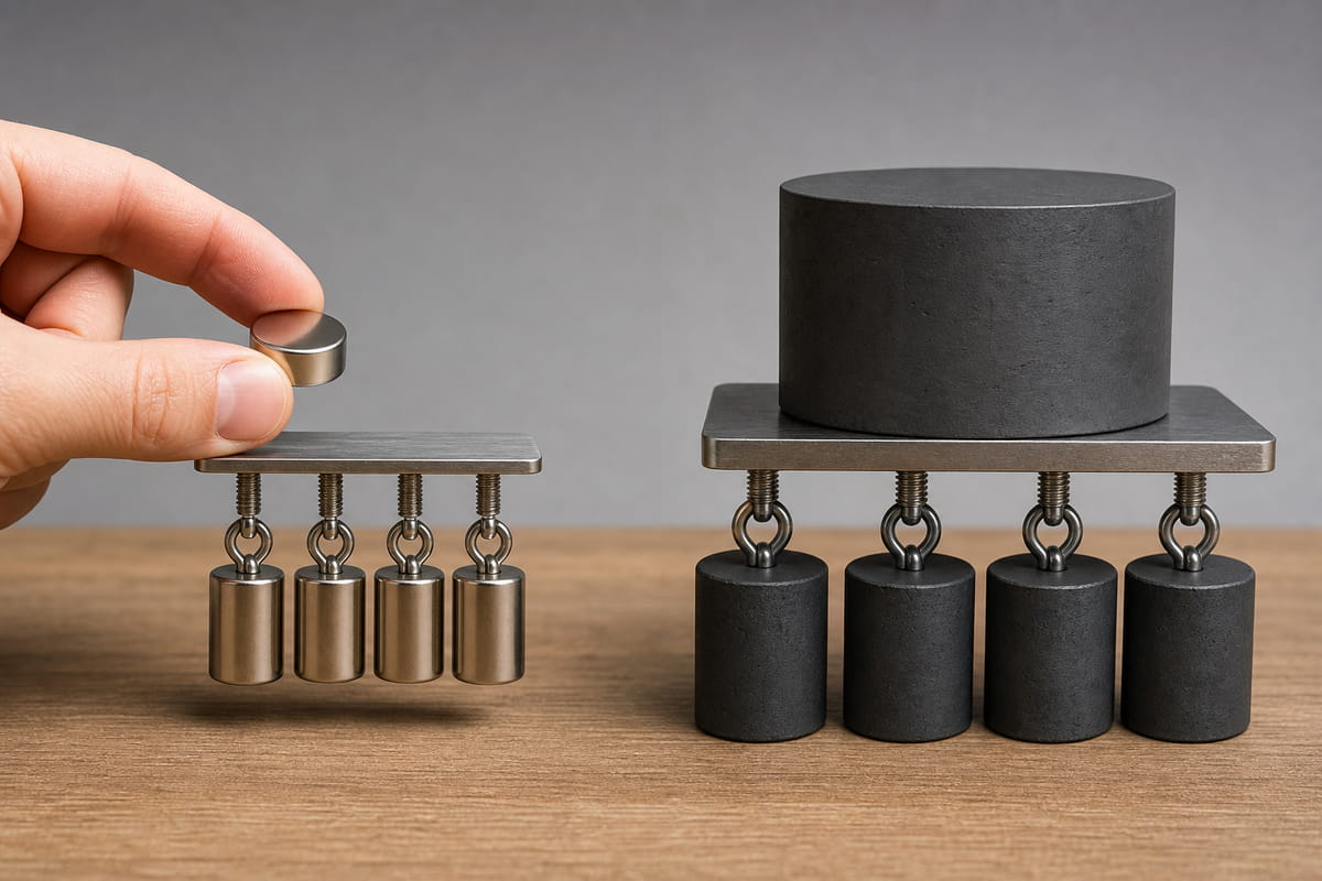 Diferenças de tamanho e peso entre o íman de ferrite e o íman de neodímio