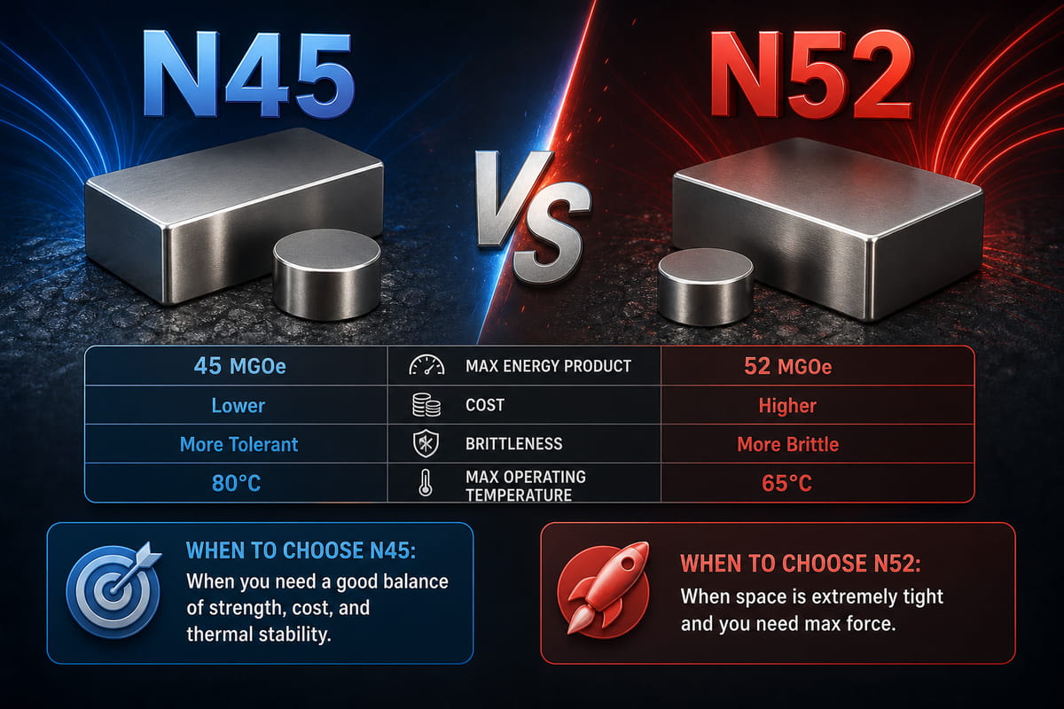Comparação simples entre os ímanes N45 e N52